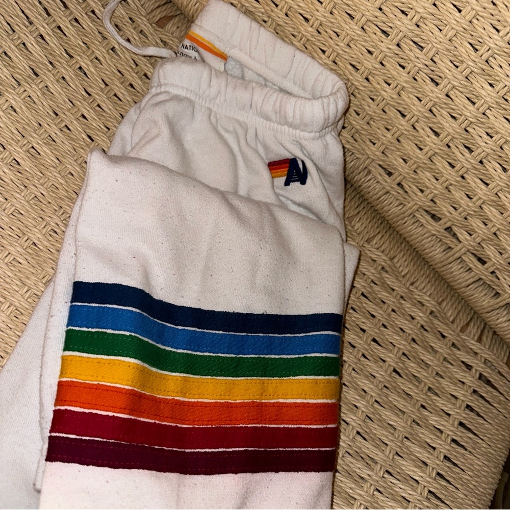 White Aviator Nation rainbow striped embroidered sweatpants